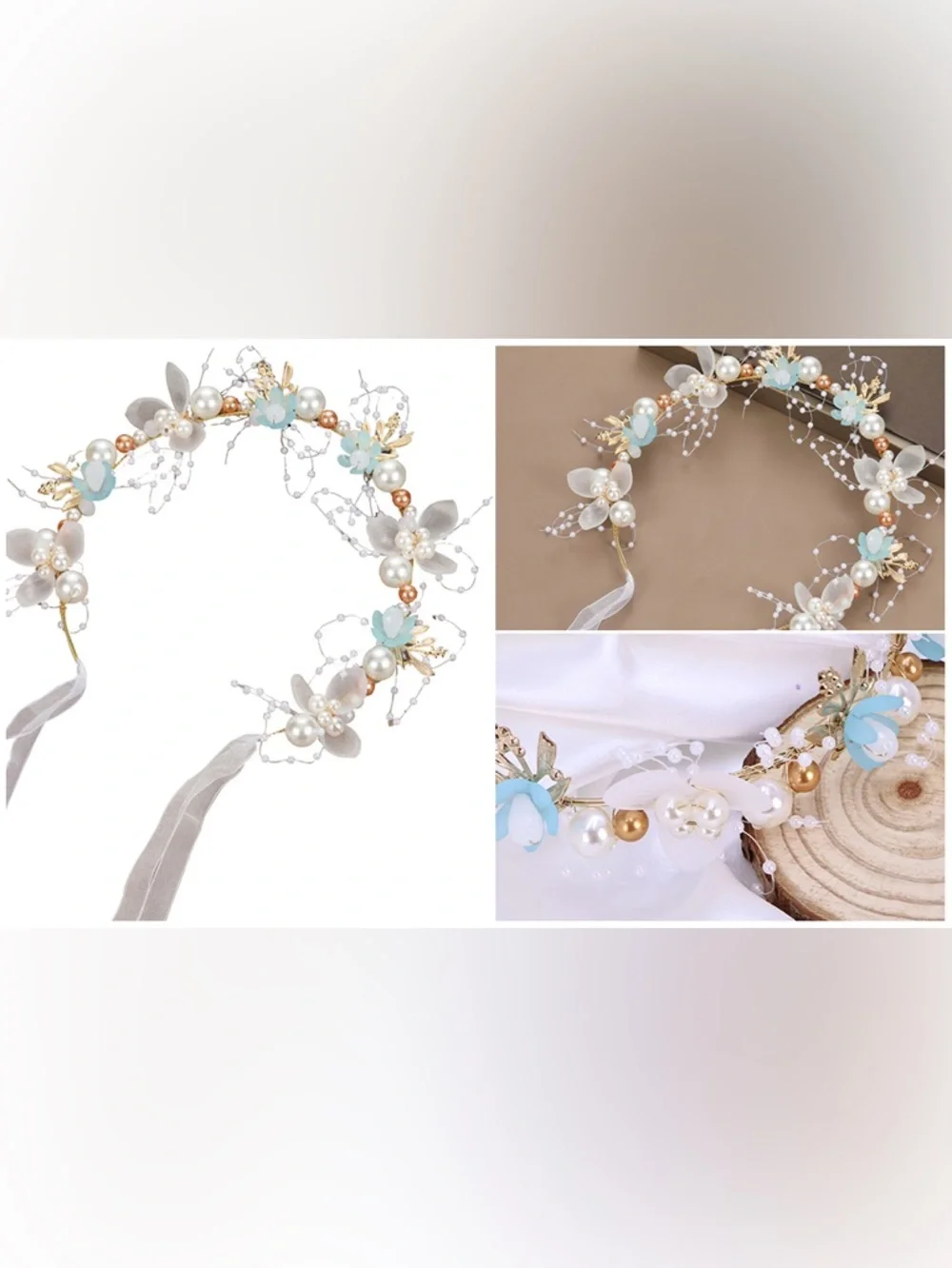 Blue Pearl Floral Hair Crown Headband for Women